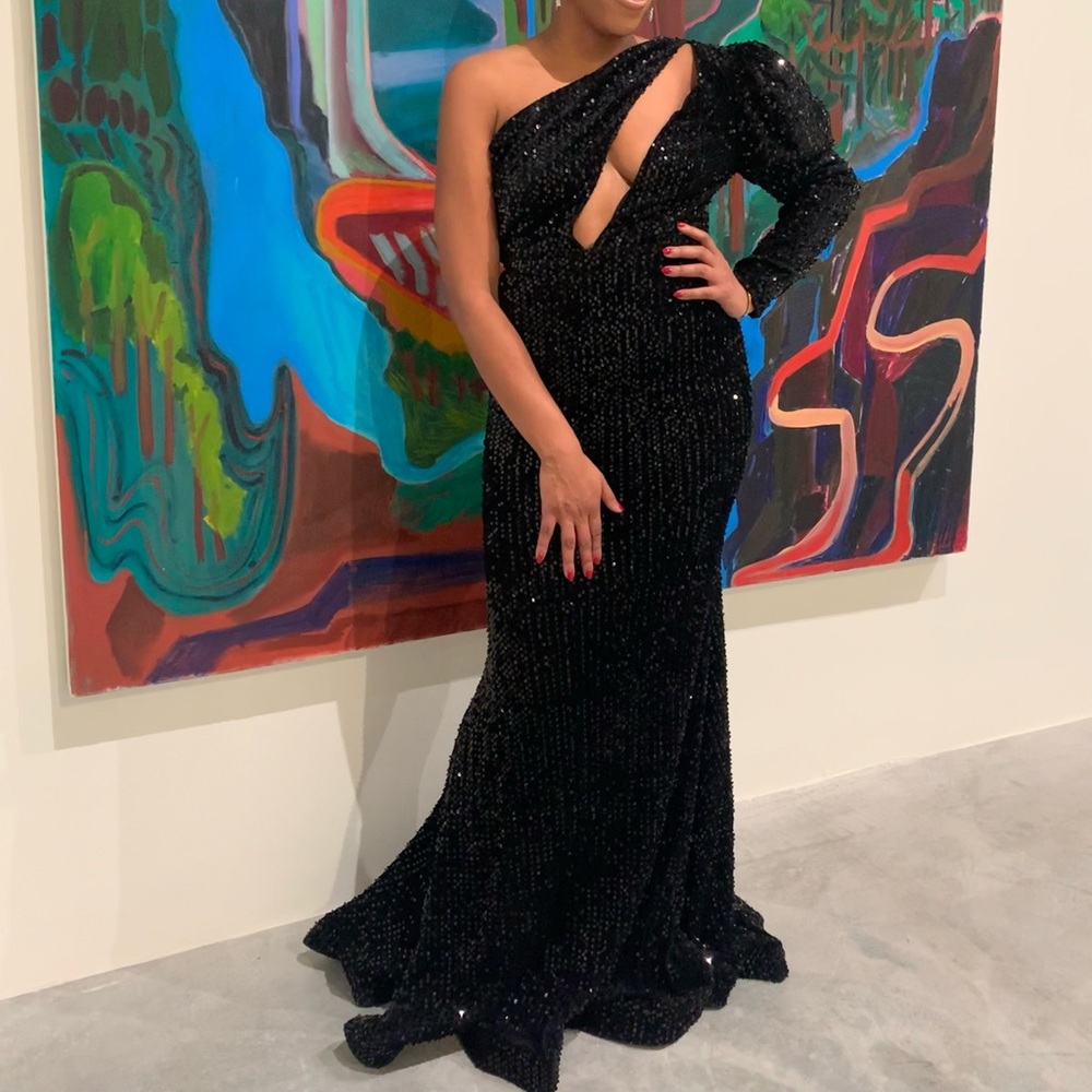 Black sequin one shoulder mermaid gown